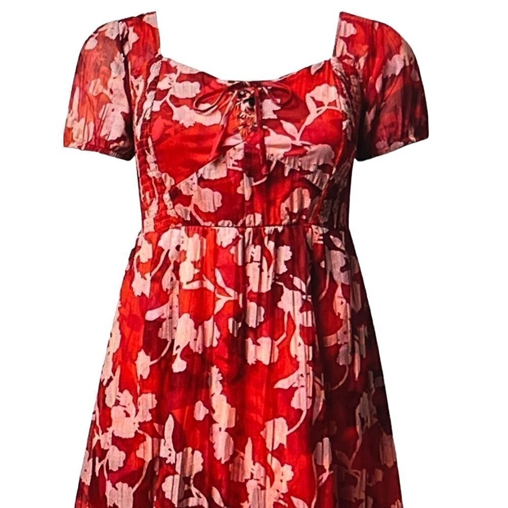 Torrid Midi Cotton Clip Dot Lace Up Short Sleeve Smocked Red Dress, 2, 2X, 18/20 - Picture 5 of 9
